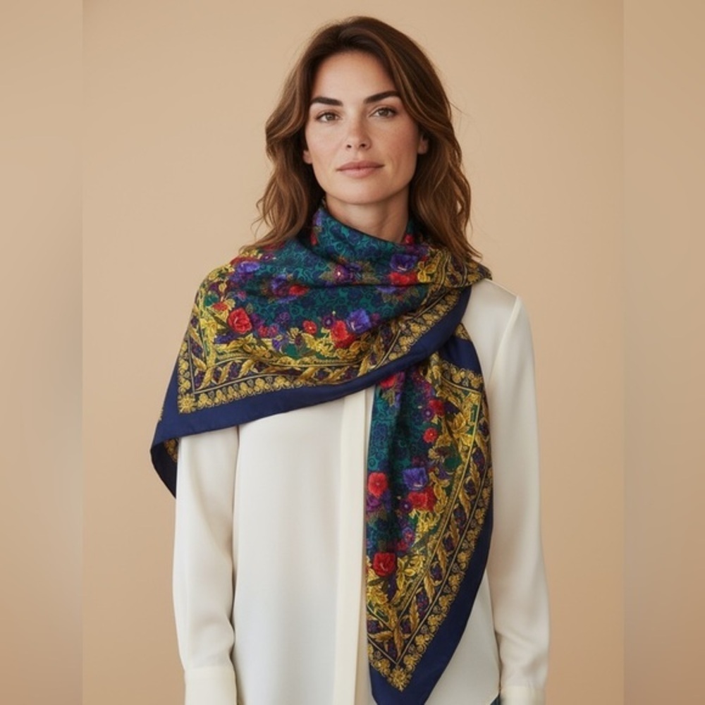 Vintage S.G. Sport Floral Baroque Scarf Navy Gold Red Green Square 34x34 USA